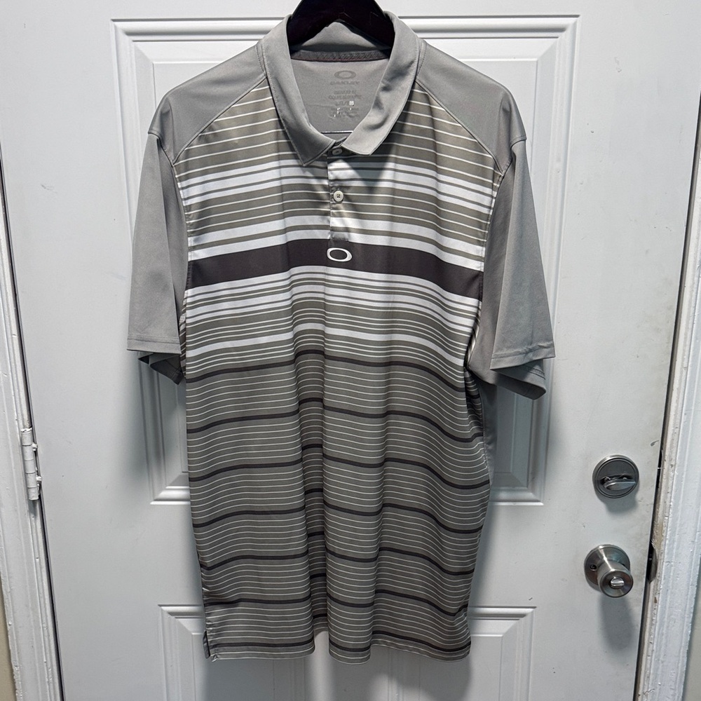 Oakley Gray and White Striped Polo Shirt